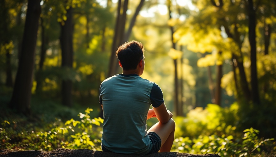 Person enjoying forest bathing benefits, sitting in a sunlit forest.