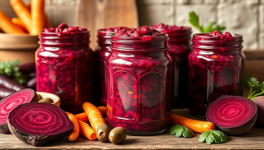 Vibrant beet carrot tapenade jars with fresh vegetables.