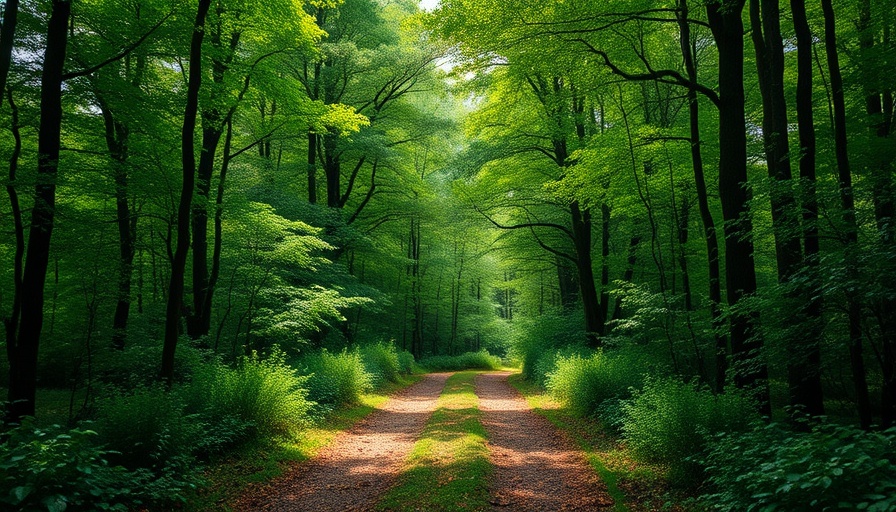 Serene forest pathway diverging into two directions, surrounded by lush greenery.