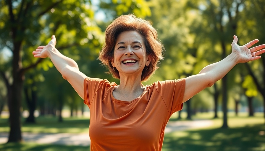 Middle-aged woman stretching in park, illustrating collagen boosts fat burn after 50.
