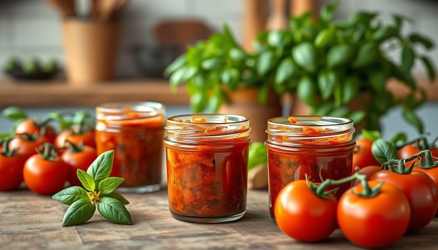 Chipotle tomato jam jars with fresh tomatoes and herbs on rustic table.