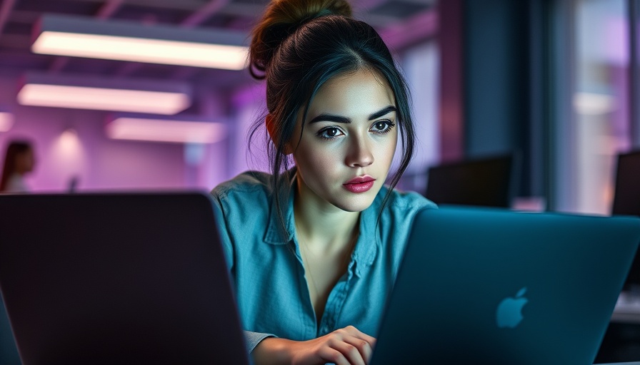 Young woman working on laptop with abstract background, illustrating critical elements every website homepage should have.