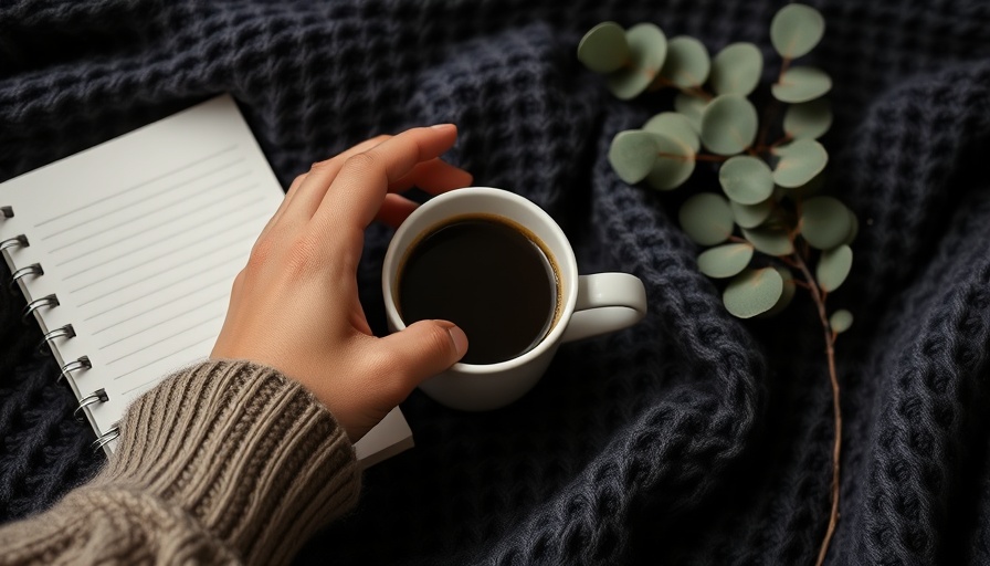 Cozy Sunday setup with coffee and notebook on blanket.