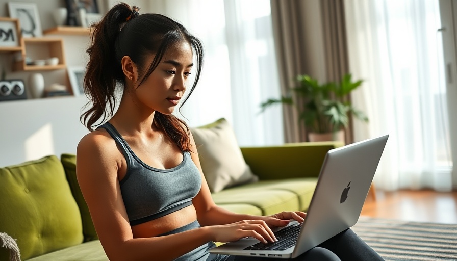 Woman in activewear using laptop for learning and development training.