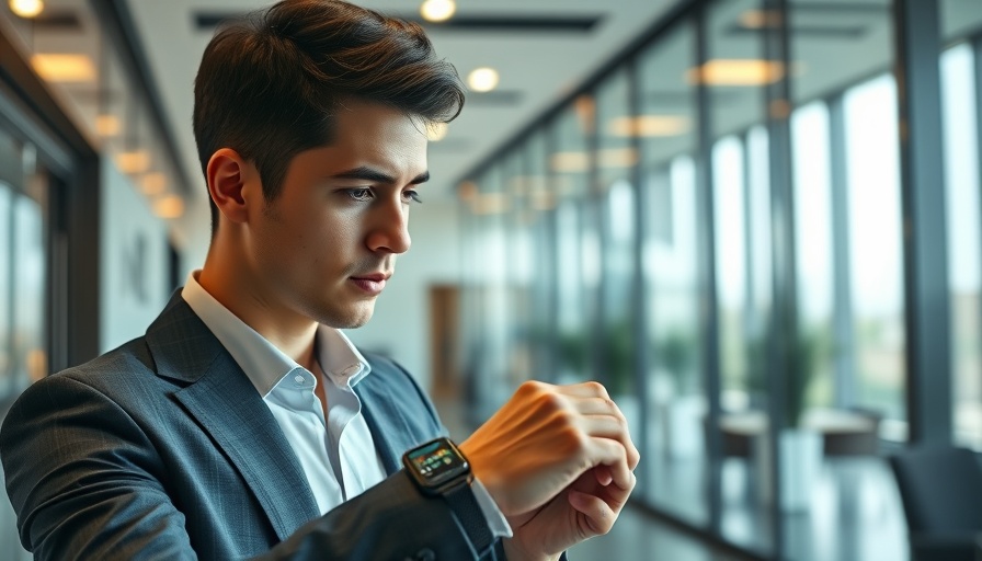 Young businessman checking schedule on smartwatch in modern office