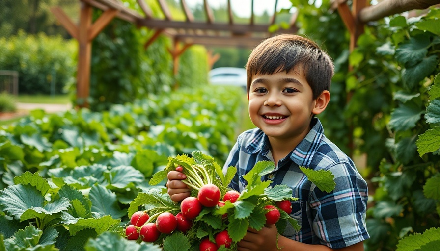 Child gardening for oral health nutrition, picking radishes.