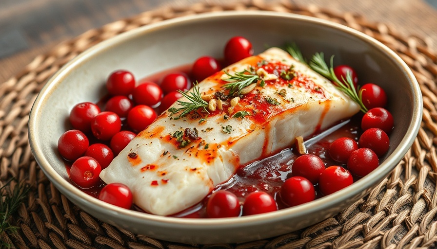 Cranberry poached halibut recipe elegantly plated with garnish.