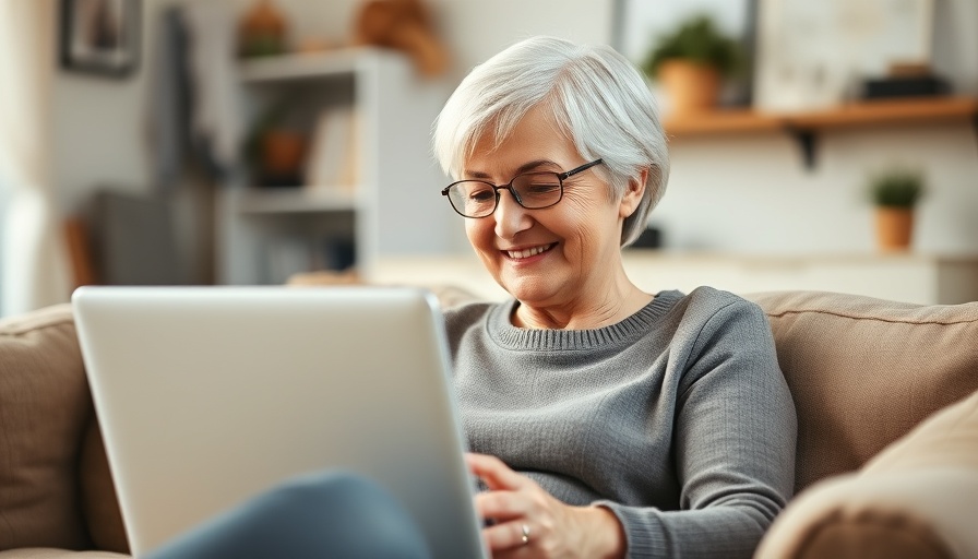 Older woman enjoying online grocery shopping tips at home.
