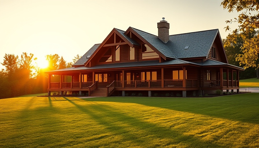 Wooden custom home at sunset, serene countryside.