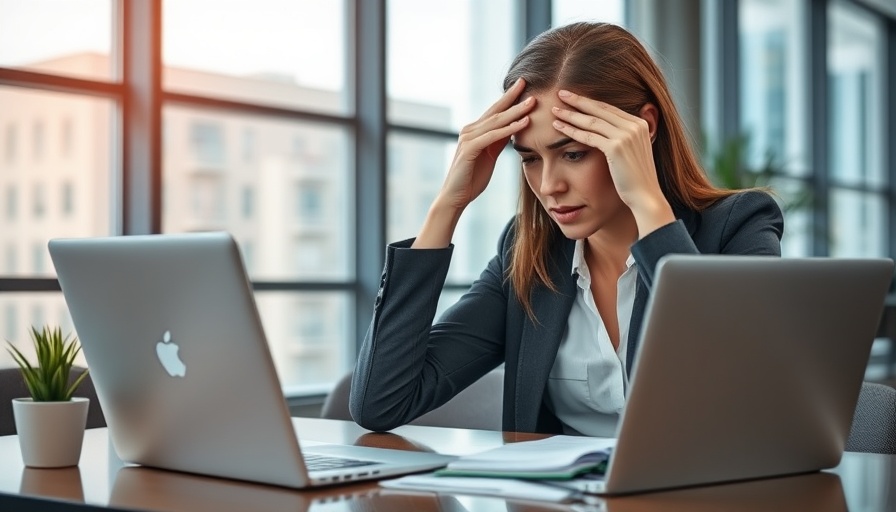 Stressed businesswoman solving scheduling conflicts at office desk.