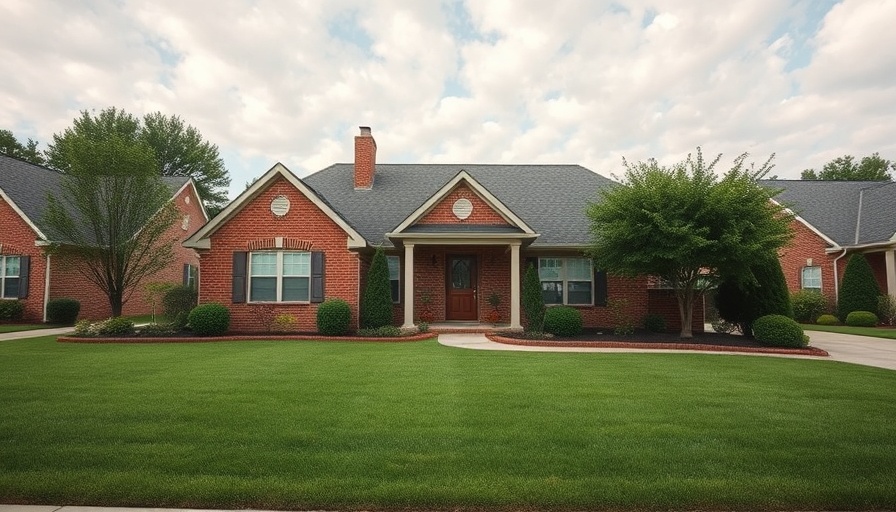 Suburban brick house with manicured lawn, cloudy sky.