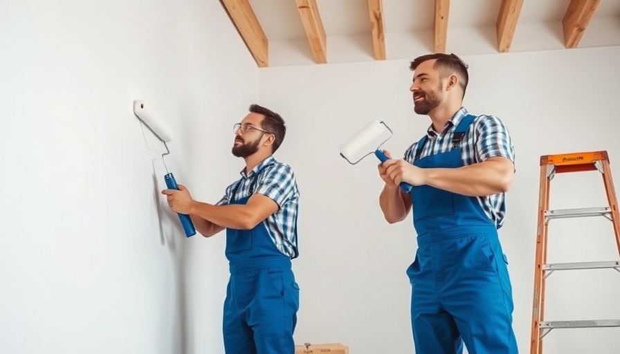 Professional painters in blue overalls painting a wall indoors.