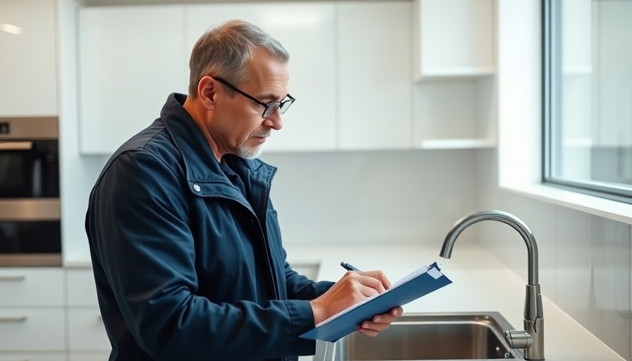 Inspector noting issues at a modern kitchen sink, things that fail a home inspection.