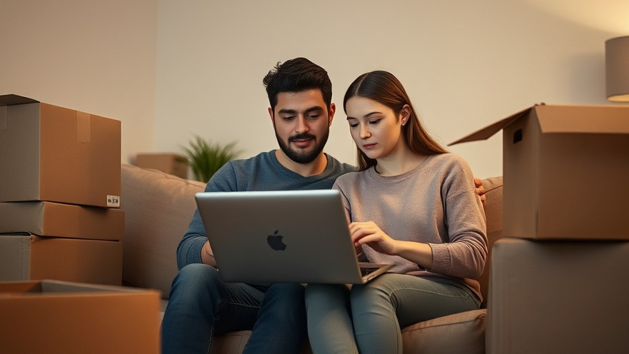 Young couple exploring home selling tips on laptop in cozy Maryland living room.