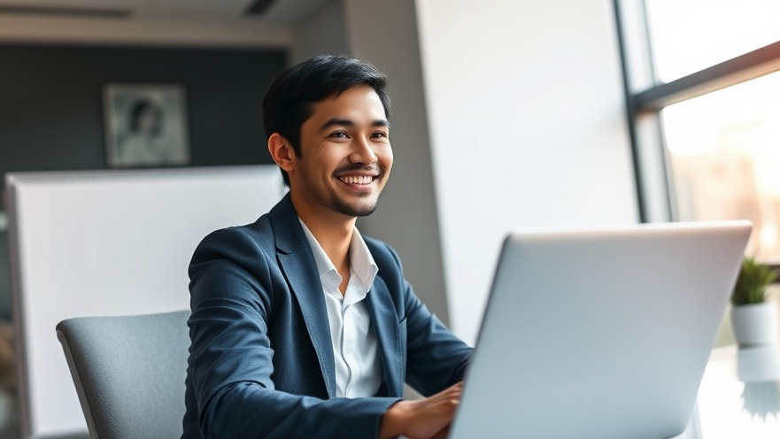 Confident businessperson discussing AI in SEO strategies at a modern desk.