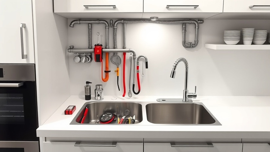 Modern kitchen repairs with organized plumbing tools and stainless steel sink.