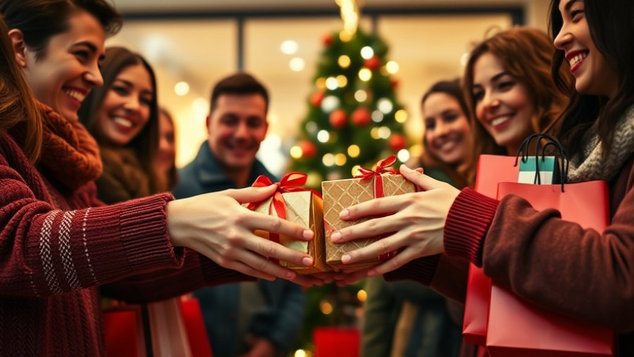 Joyful scene of diverse friends exchanging festive shopping bags, highlighting local shopping trends.