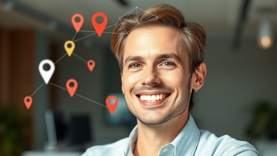 Confident digital marketer smiling amidst location pins, embodying local business SEO.