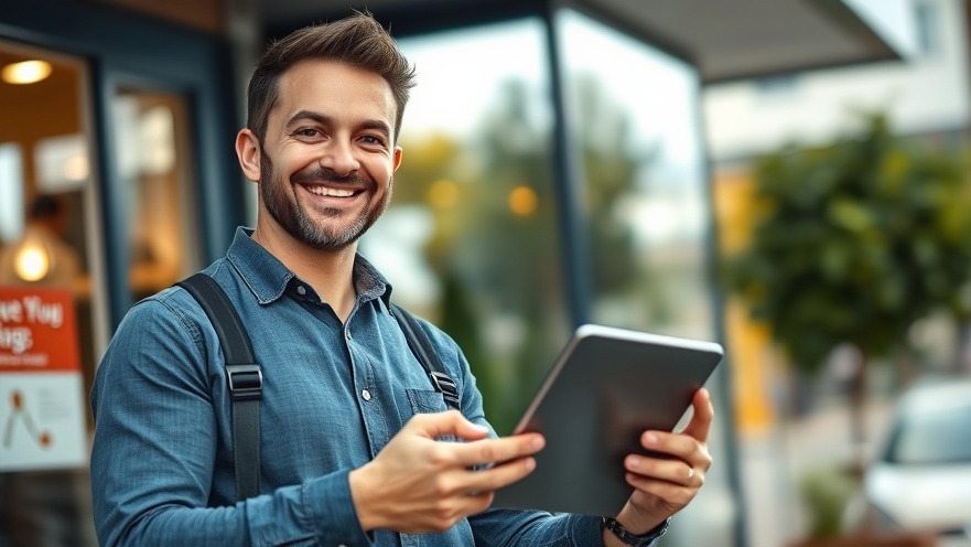 Confident local business owner showcasing digital marketing strategies with a tablet.