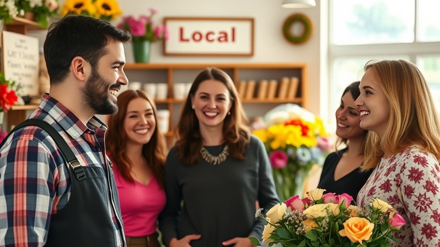 A smiling business owner engaging with happy customers in a local flower shop, promoting local SEO.