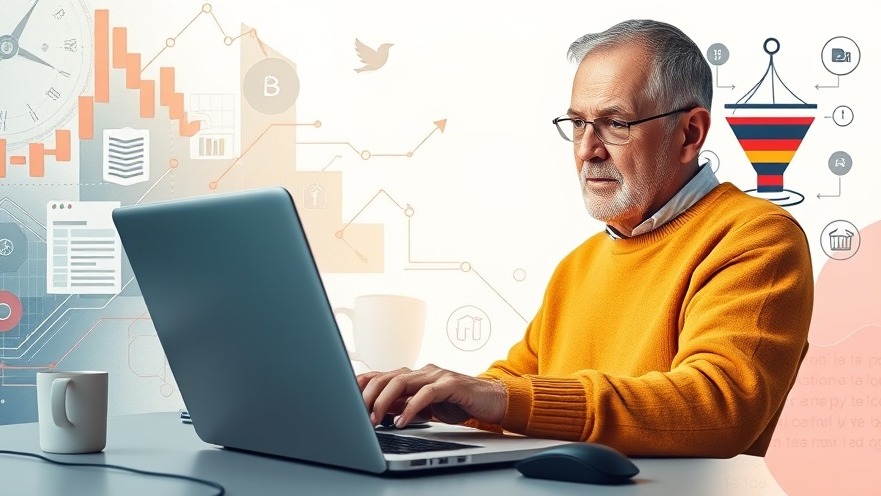 Older individual in mustard sweater using a laptop for AI content creation.