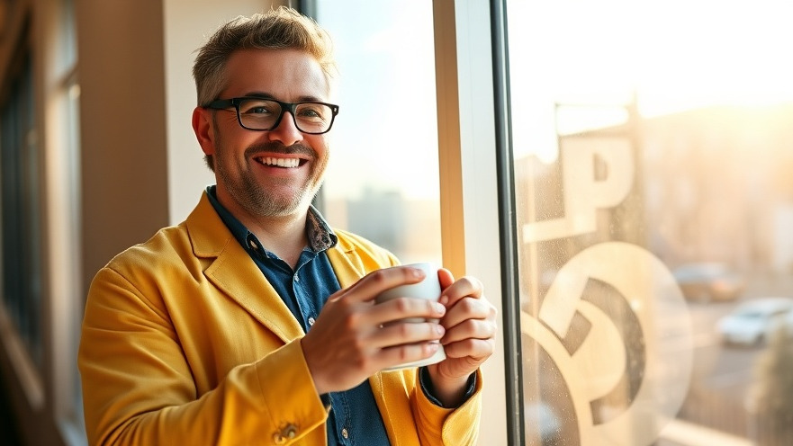 Energetic business owner ready to enhance productivity with coffee in hand.