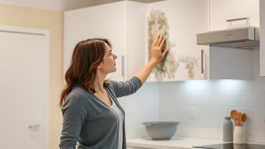 Concerned woman inspecting mold on kitchen wall, highlighting home inspection red flags.