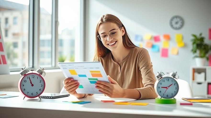 Young professional using time management strategies in a bright, organized workspace.