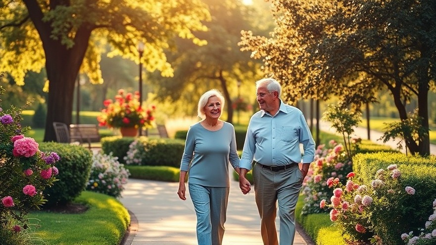 Retired couple enjoying healthy retirement planning in a serene park setting.