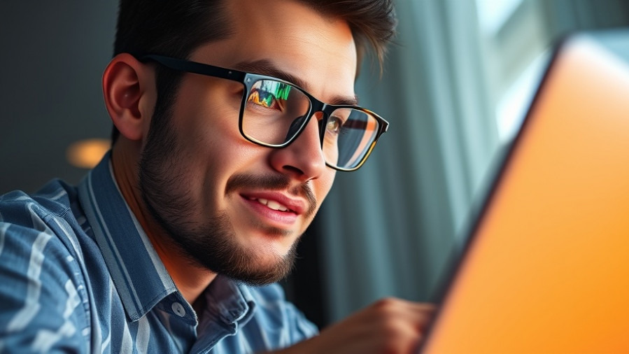Confident small business owner examining glowing laptop data for AI search optimization.