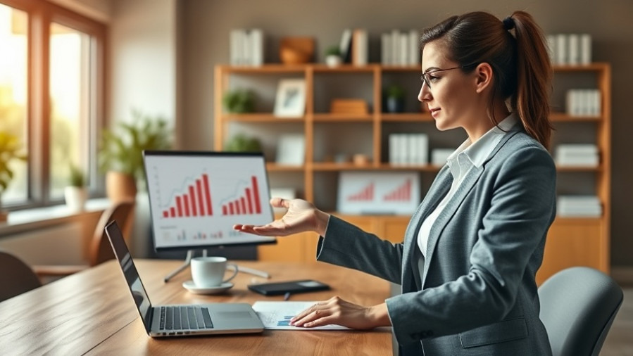 Businesswoman presenting Unique Value Proposition through marketing data on laptop in modern office.