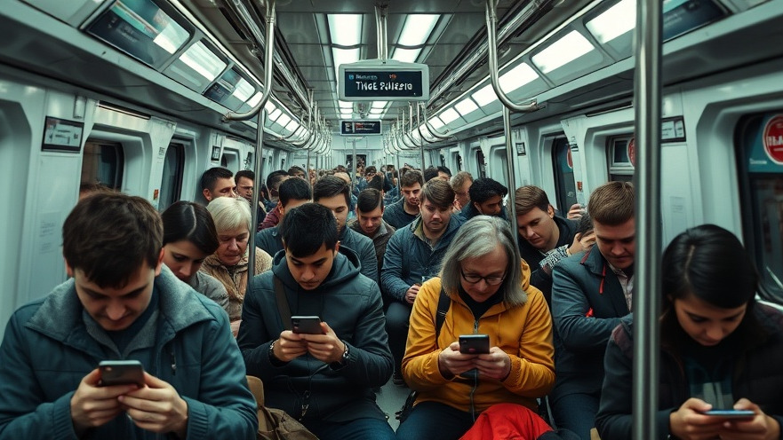 Crowded subway train highlighting screen time management as passengers focus on smartphones.
