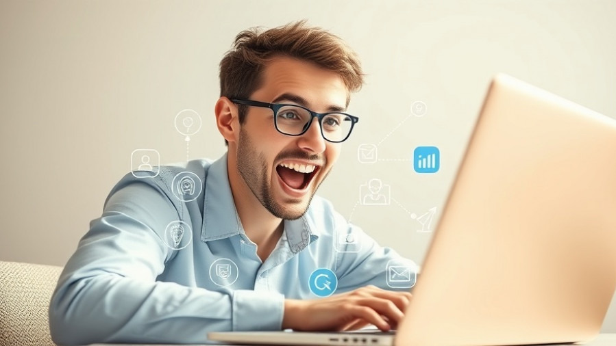 Young professional inspired by AI content creation, surrounded by digital icons.