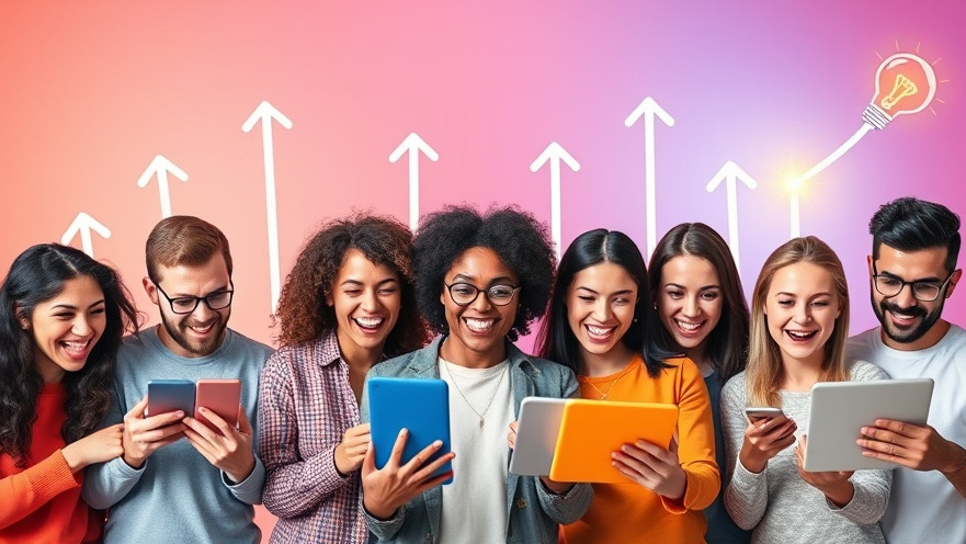 Diverse content creators explore AI tools for digital marketing amidst a colorful growth-themed background.
