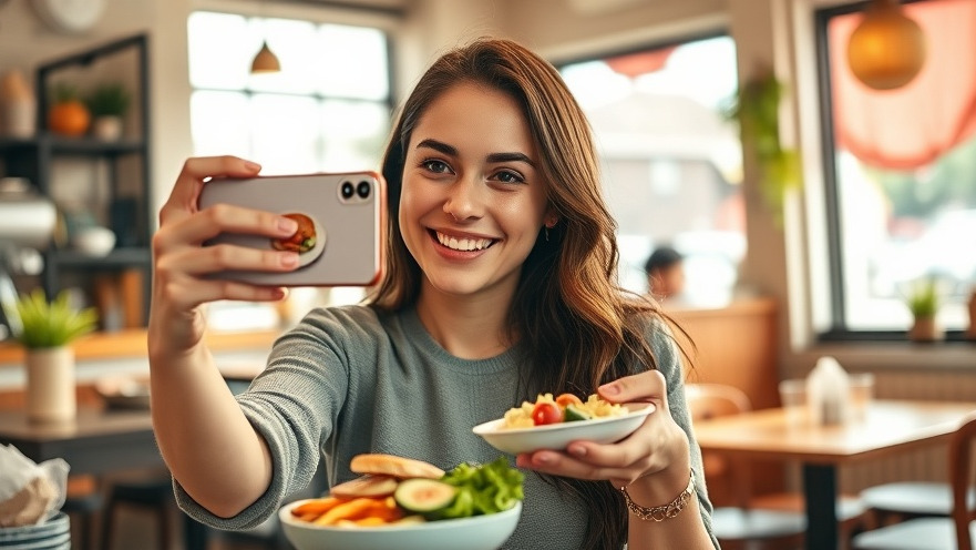 Smiling woman enjoying solo dining in a vibrant cafe, capturing her meal.