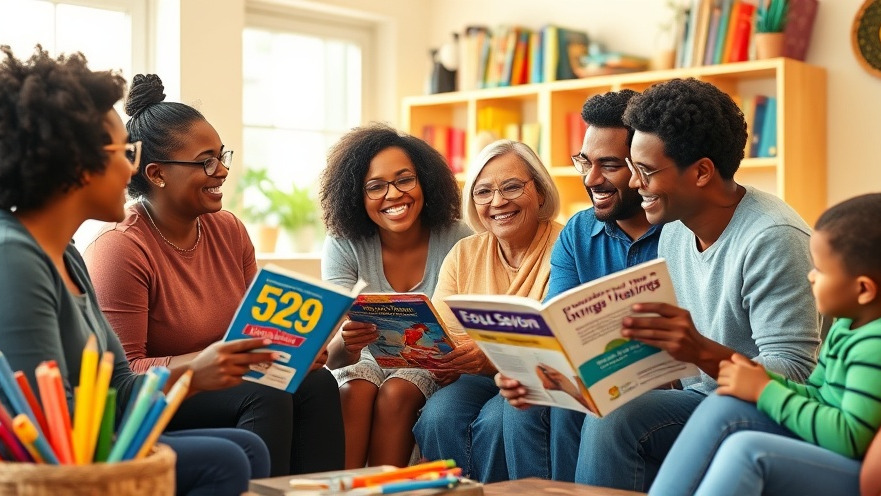 Parents discussing 529 plan benefits in a cozy living room filled with educational materials.