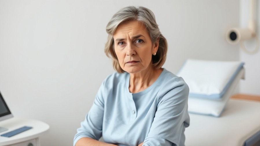 Concerned middle-aged woman on exam table, emphasizing colon cancer awareness and women's health.
