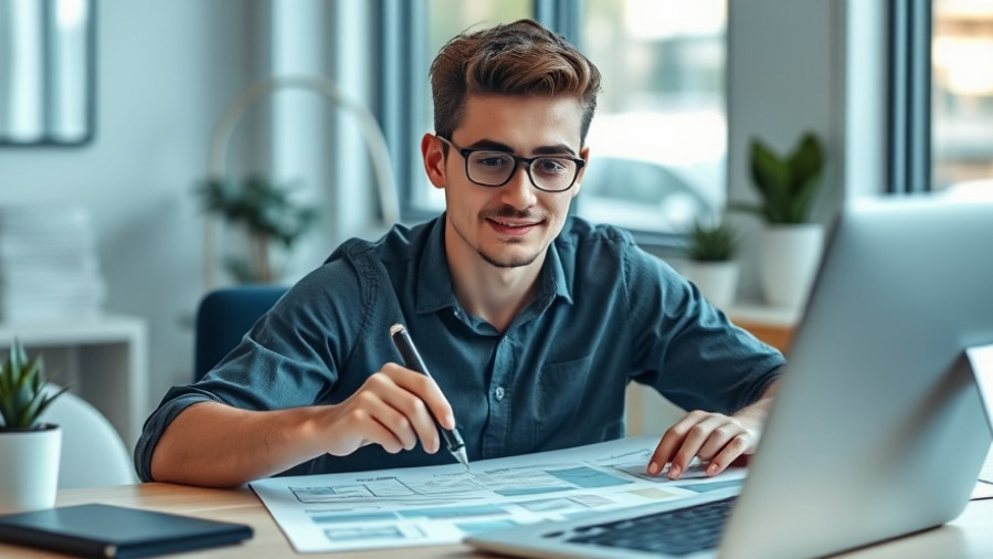 Focused digital marketer highlighting website wireframe for effective AI optimization.