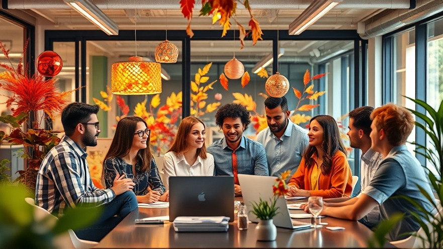 Diverse marketers brainstorming holiday marketing strategies in a vibrant, inviting office.