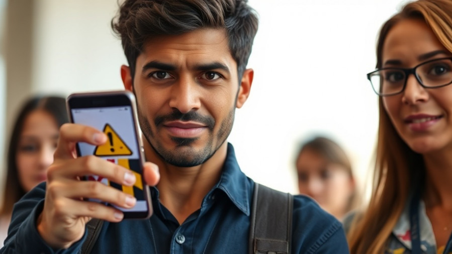 Confident Marylander identifying fraud, pointing at warning symbol on smartphone.