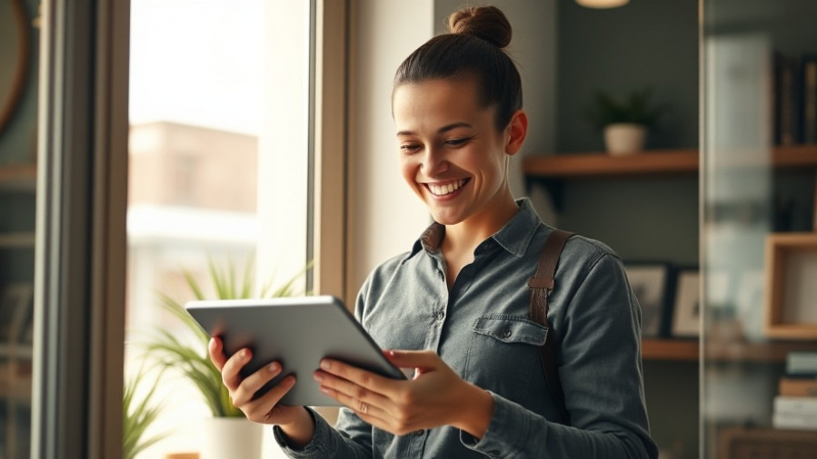 Small business owner reviewing content on a tablet, warm and inviting storefront ambiance.