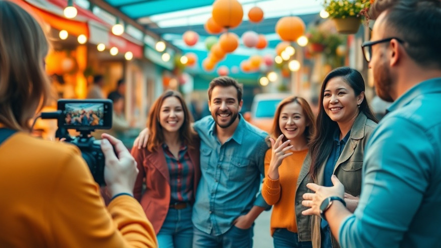 Small business owners create engaging Google Vids for video marketing in a colorful marketplace.