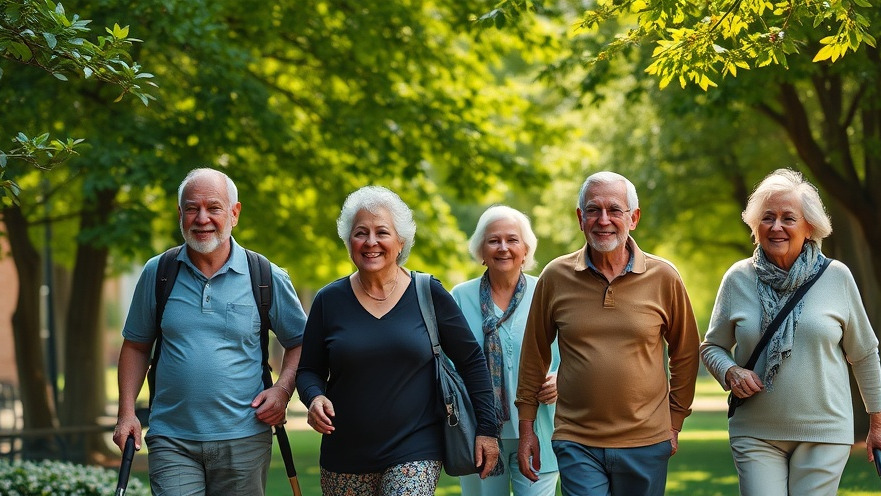 Seniors walking in a green park, benefiting from cognitive health exercises.
