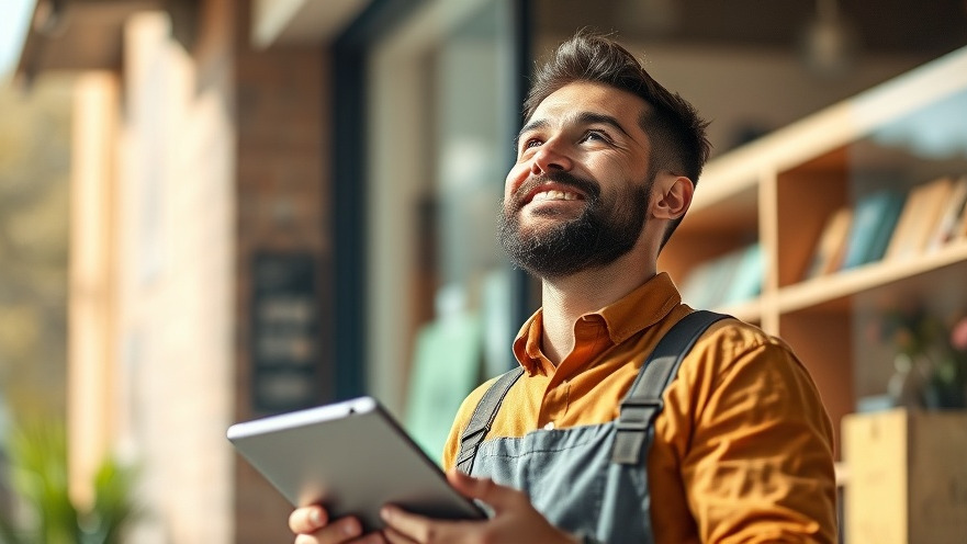 Confident local business owner using a tablet, embodying AI Search Visibility.