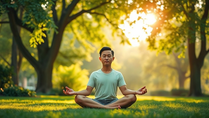 A person meditating in a serene park, access free literature for wellness.