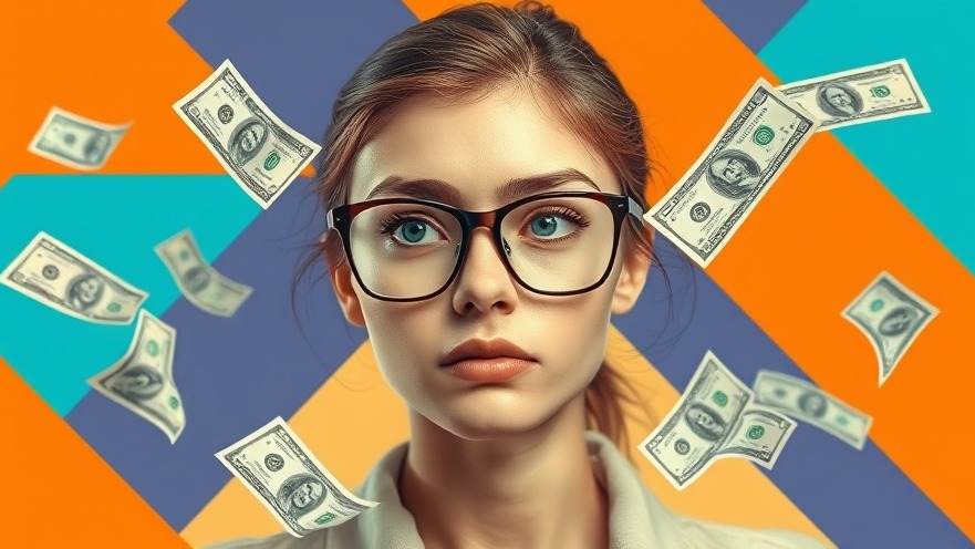 Thoughtful young woman with glasses amidst floating dollar bills, illustrating budget marketing strategies.
