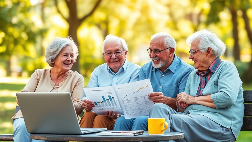 Retirees enjoying an active lifestyle, discussing financial planning in a sunny park.