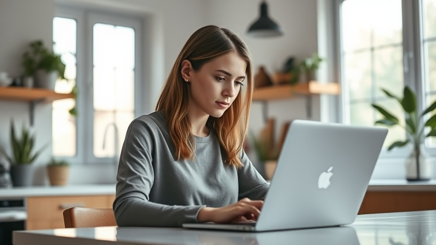 Young woman focused on laptop in a modern kitchen, epitomizing work-life balance.