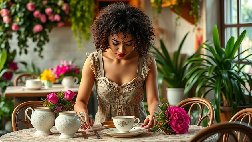 Charming woman influencing consumer purchases in cozy cafe setting with vintage dishware.