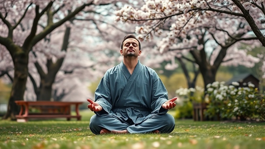 Calm man meditating in a serene garden, exploring financial resilience.